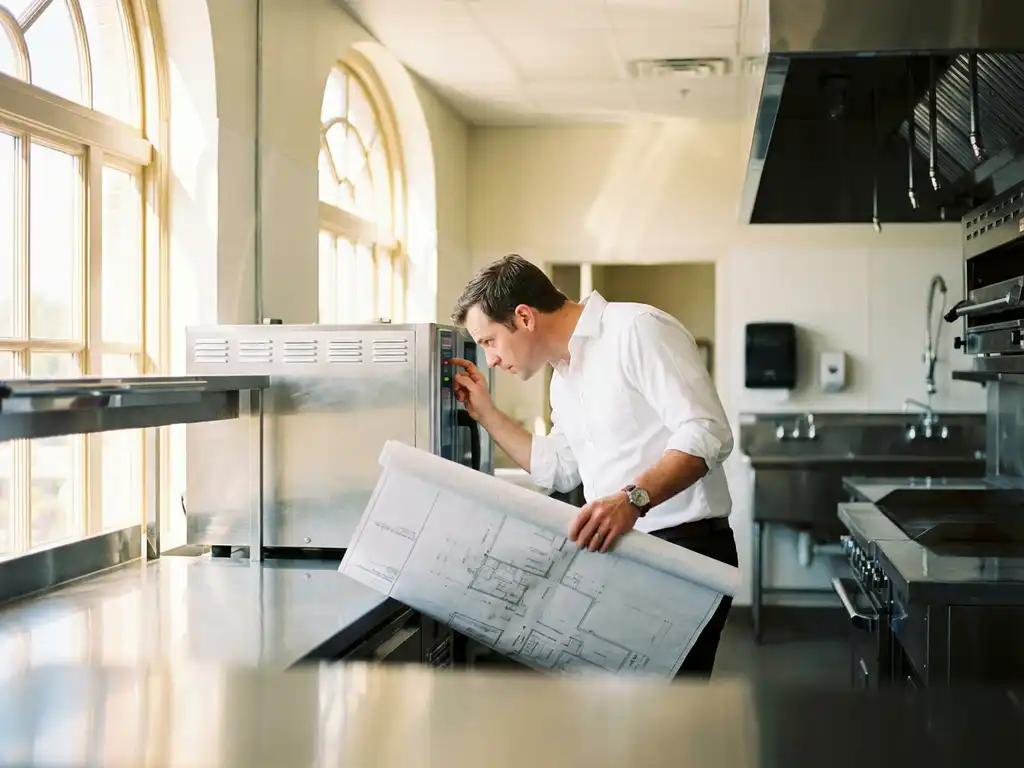 Architect in wit overhemd inspecteert moderne commerciële keuken met roestvrijstalen oppervlakken en bouwplannen