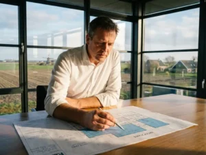 Architect in wit overhemd bestudeert bouwplannen op houten bureau, wijst naar HACCP-zones met zilveren pen