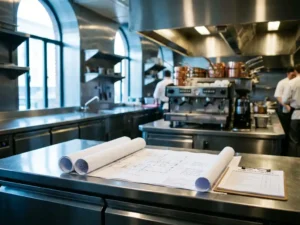 Professionele roestvrijstalen keuken met blauwdrukken uitgespreid op werkblad, natuurlijk licht door grote ramen