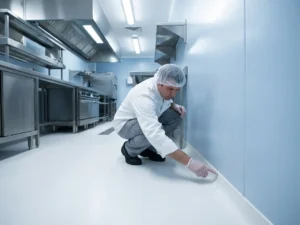 Professionele chef inspecteert schone voegovergang tussen witte epoxyvloer en roestvrijstalen wandpanelen in commerciële keuken