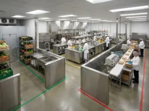 Professionele commerciële keuken met gescheiden zones door roestvrijstalen barrières, verse groenten, centrale bereidingsruimte en verpakkingsgebied onder heldere verlichting