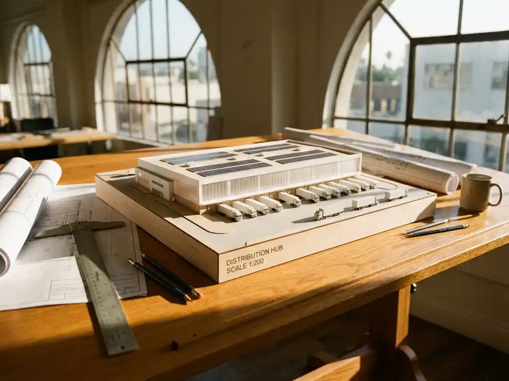 Architectuurmodel van modern distributiecentrum op houten tekentafel met technische tekeningen en gereedschap in natuurlijk licht