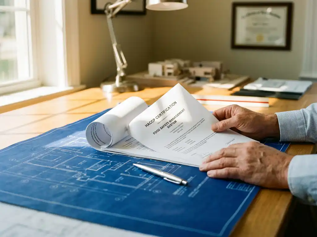 Architect bestudeert HACCP-certificeringsdocumenten op blauwdrukken met zilveren pen, natuurlijk licht door raam