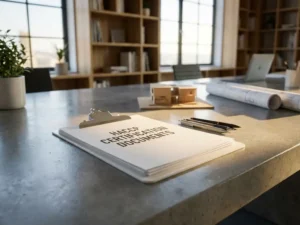 Witte klembord met HACCP-certificeringsdocumenten op betonnen bureau in modern architectenbureau met blauwdrukken