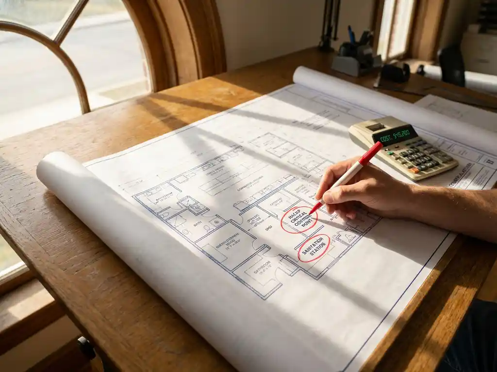 Architecturale blauwdruk op houten tekentafel met rode pen die HACCP-nalevingssecties markeert, calculator toont kostencijfers