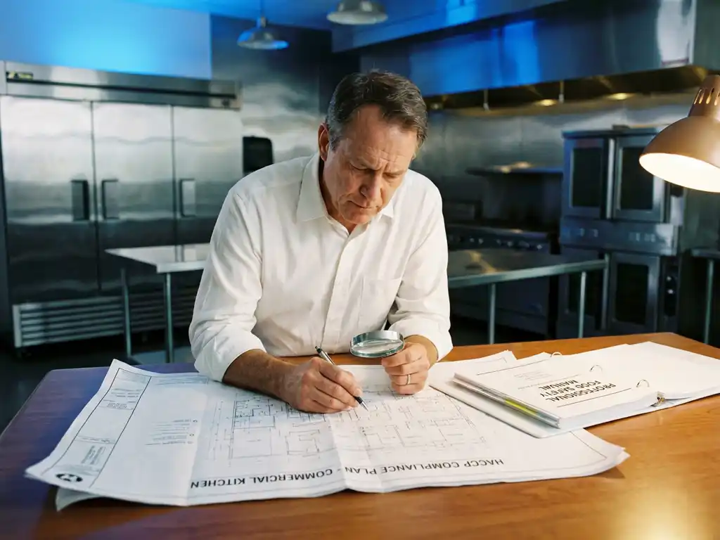 Architect bestudeert HACCP-nalevingsblauwdrukken aan houten tekentafel in moderne commerciële keuken met RVS apparatuur