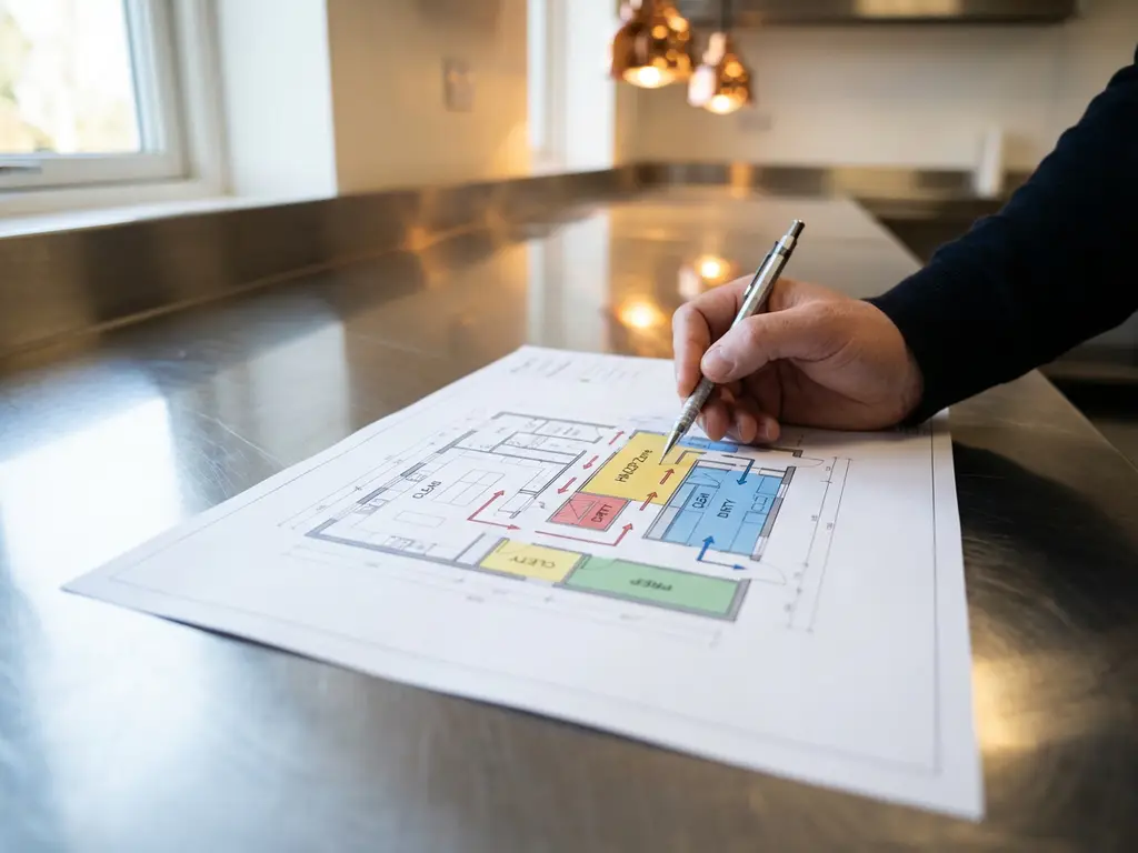 Architecturale plattegrond met hygiënezones op stalen keukenblad, architect wijst naar HACCP-nalevingsgebieden met potlood