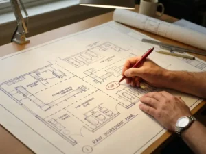 Architect markeert HACCP-controlepunten met rode pen op gedetailleerde plattegrond van voedselproductiefaciliteit