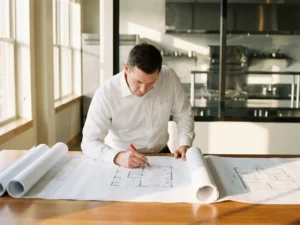 Architect markeert keukenroutes op blauwdrukken aan houten tekentafel in moderne commerciële keuken