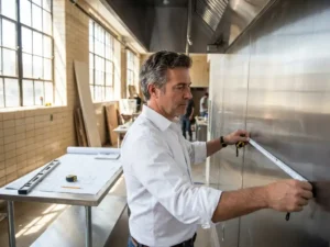 Architect meet roestvrijstalen wandpanelen in commerciële keukenrenovatie met blauwdrukken en gereedschap op werkblad