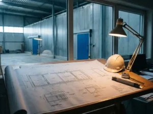 Industriële gekoelde opslaghal met architecturale blauwdrukken op tekentafel, bouwhelm en meetgereedschap