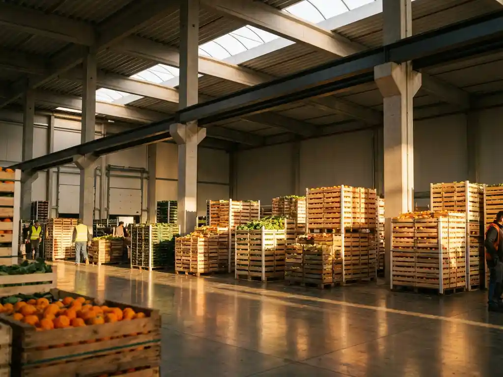 Moderne industriële magazijn met houten kratten vol verse groenten en fruit onder stalen balken en betonnen plafonds