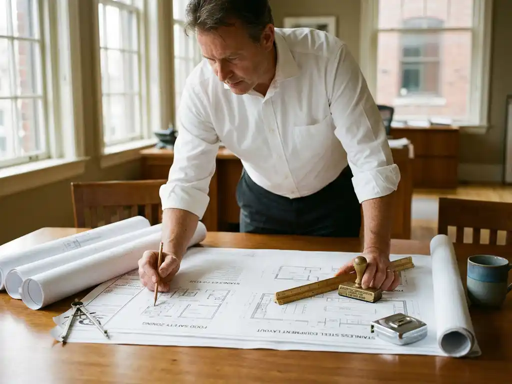 Architect bestudeert voedselveiligheid blauwdrukken met keukenapparatuur schetsen op houten conferentietafel
