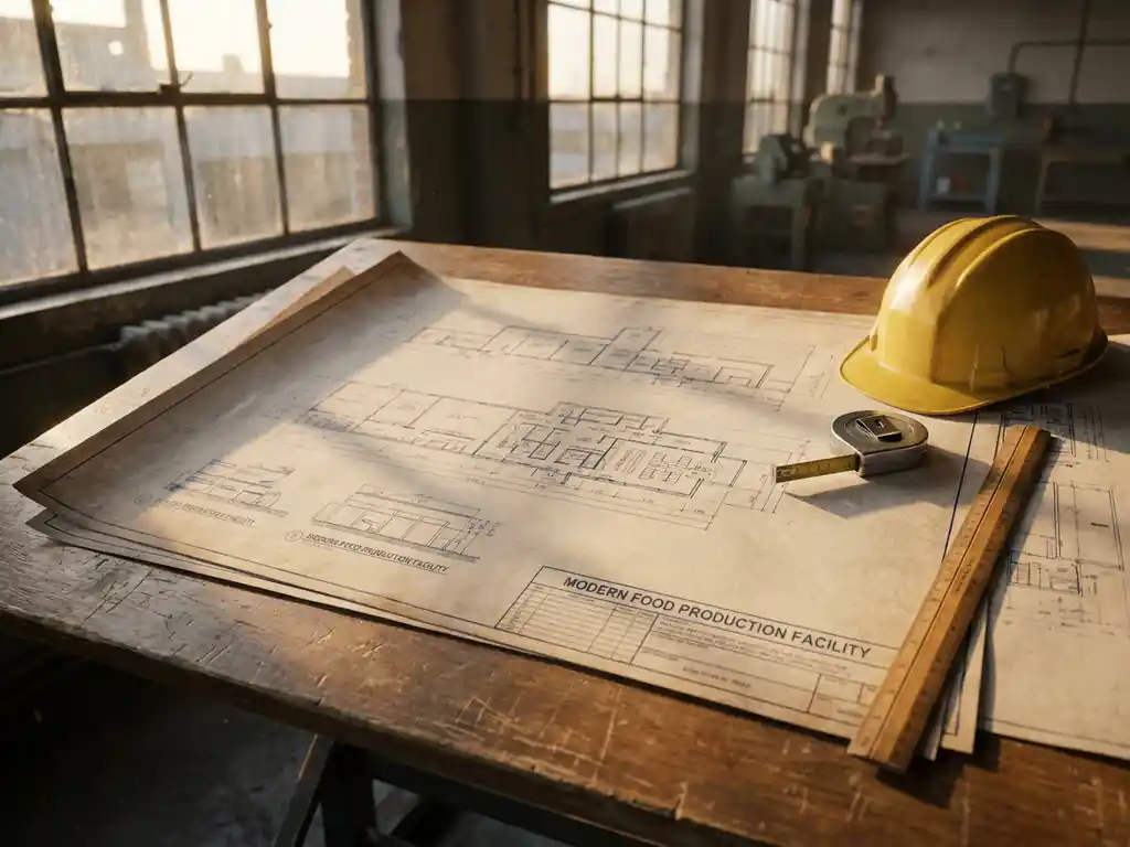Architecturale blauwdruk van moderne voedselproductiefaciliteit op tekentafel met helm en meetgereedschap in warm natuurlijk licht