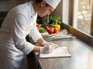 Professionele chef in witte uniform bekijkt voedselveiligheidschecklist op roestvrijstalen aanrecht met verse groenten en keukengerei
