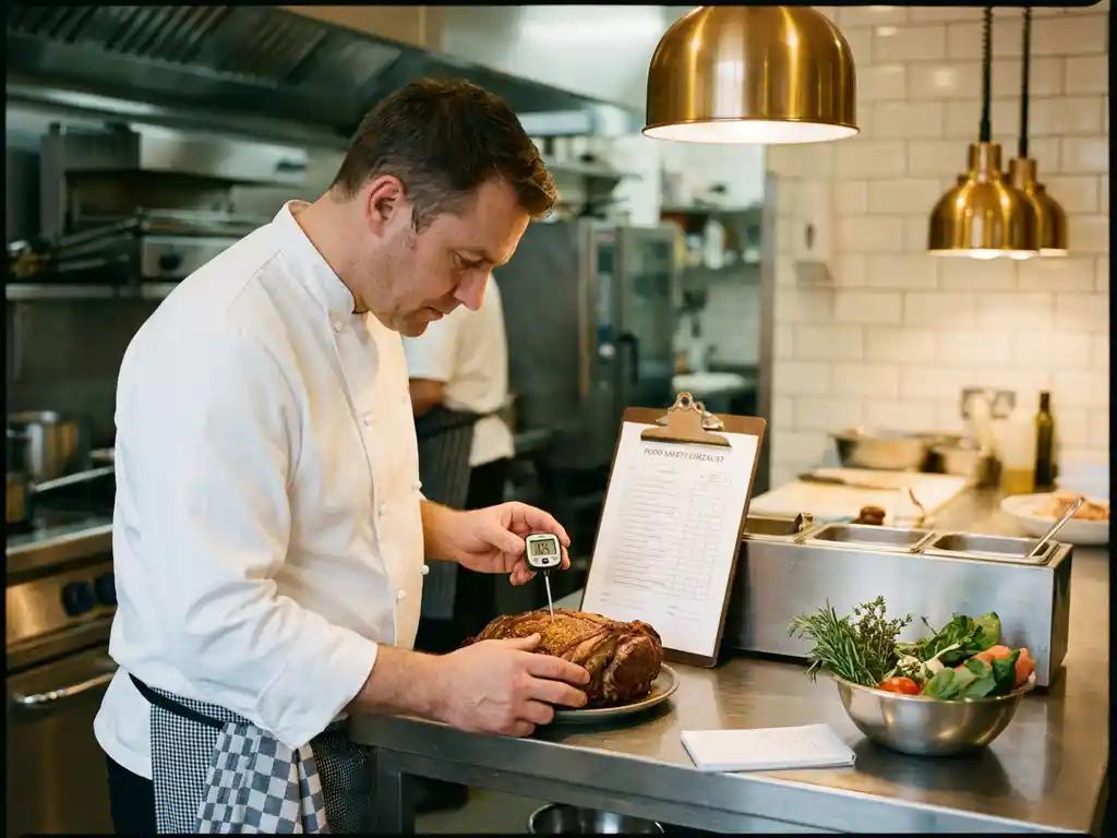 Professionele chef in witte uniform controleert digitale thermometer in commerciële keuken met voedselveiligheidslijst