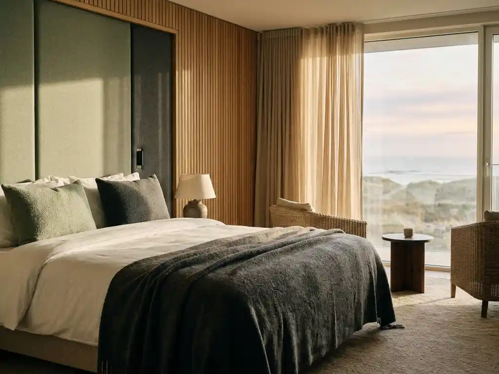 Luxe hotelkamer met akoestische wandpanelen in houten bekleding, opgemaakt bed en kustlandschap door vloer-tot-plafondvenster.