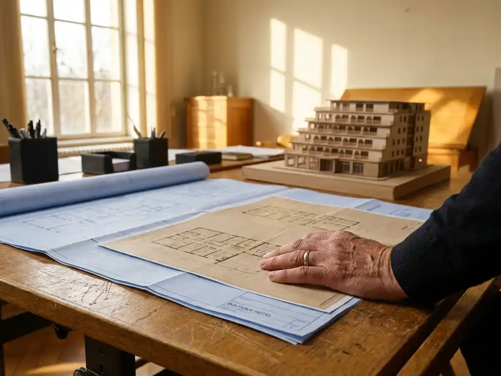 Architect legt hand op gedetailleerde hotelplattegronden op een eiken tekentafel, met een schaalmodel van een boutiquehotel ernaast.