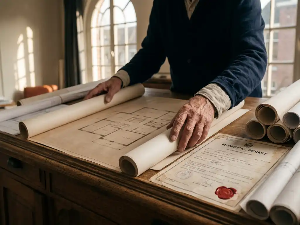 Architect rolt plattegrond uit op eikenhouten tekentafel naast goedgekeurd vergunningsdocument met rood officieel zegel.