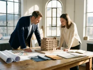 Architect en hotelklant bestuderen plattegronden en materiaalstalen op houten tafel met schaalmodel van boutiquehotel, warm middaglicht.