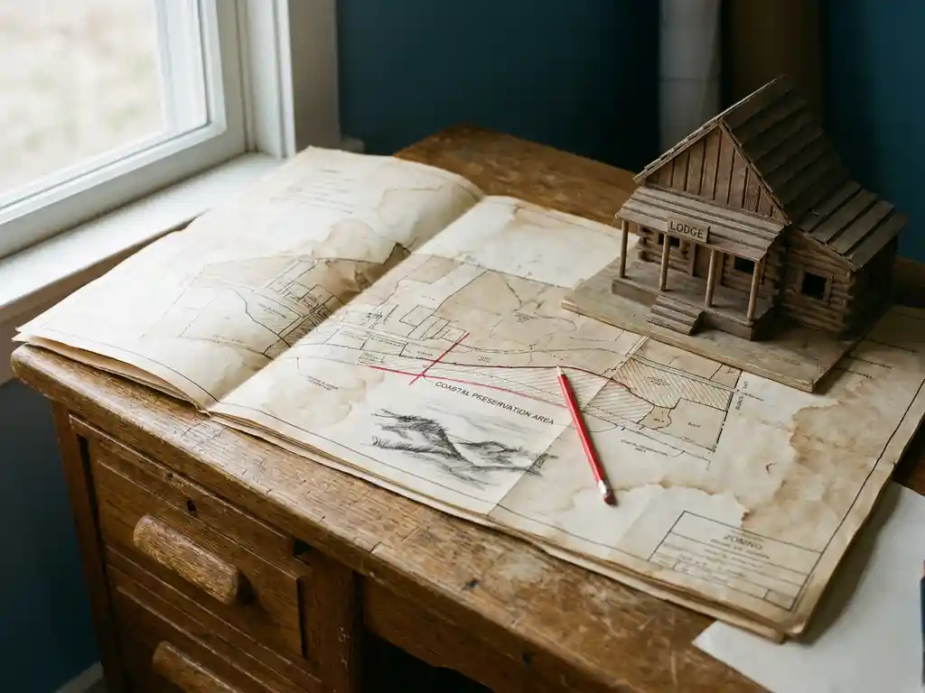 Verouderde bestemmingskaart op eiken bureau met rood potlood langs kustlijn, architectuurmaquette van recreatielodge ernaast, zacht natuurlijk daglicht.