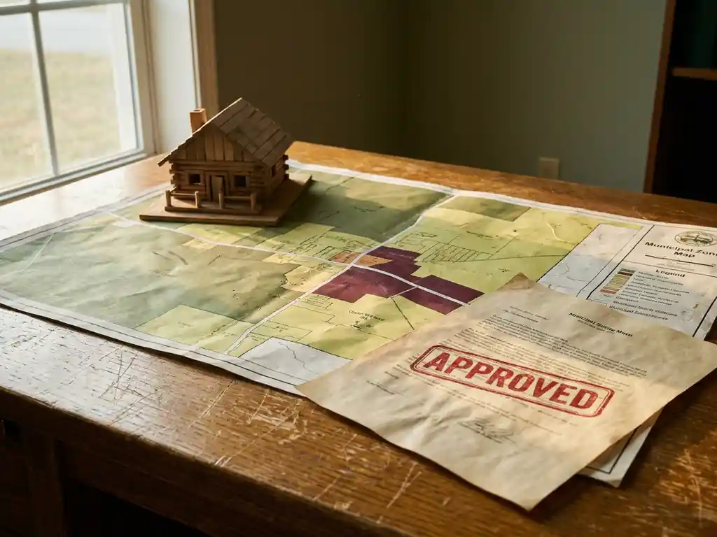Versleten bestemmingsplan op eikenhouten bureau met rood goedkeuringsstempel en schaalmodel van vakantiepark chalet in middaglicht.
