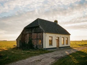 Vervallen Nederlandse boerderij in Zeeland die wordt omgebouwd tot vakantiehuis, met origineel bakstenen metselwerk en warme ramen in middagzon.