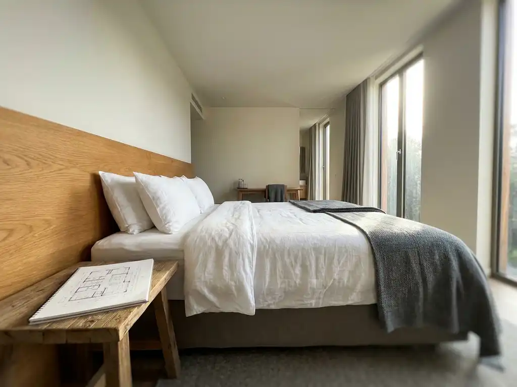 Boetiekhotelkamer met kingsize bed, wit linnen en eikenhouten hoofdbord, warm ochtendlicht door hoge ramen, grijze accenten.
