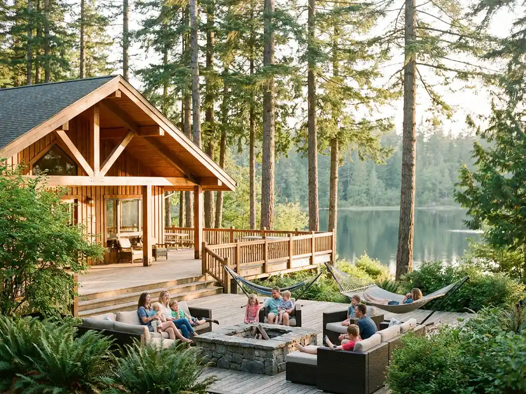 Gezinnen ontspannen op het zonnige terras van een houten campinggebouw tussen dennenbomen, met een rustig meer op de achtergrond.