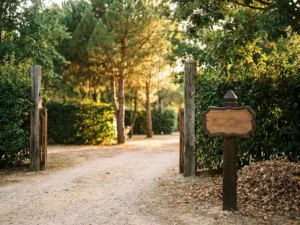 Rustieke campingingang met houten palen en groene hagen, grindpad naar zonnige dennenbomen in warm middaglicht.