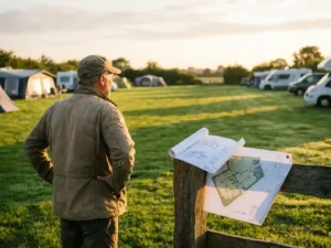 Campingeigenaar kijkt uit over groen weiland voor uitbreiding, met architectuurschetsen en plattegrond op houten hekpaal in gouden avondlicht.