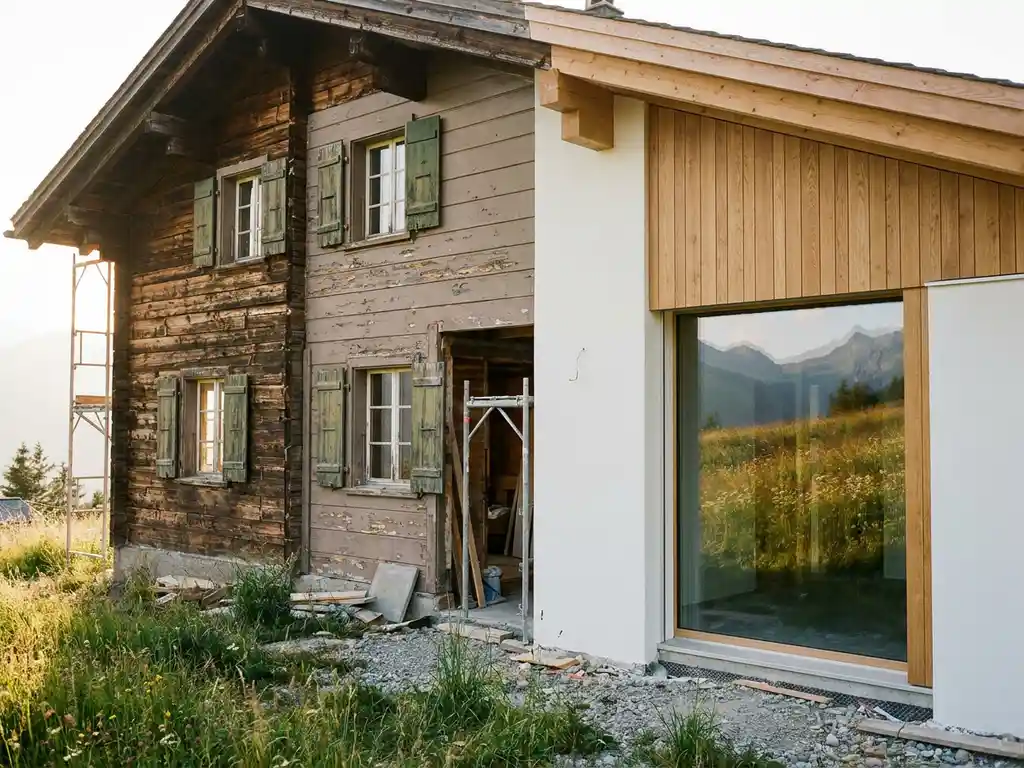 Houten chalet in renovatie met contrast tussen verweerd hout en modern wit pleisterwerk met eiken bekleding, alpenweiland zichtbaar door groot raam.