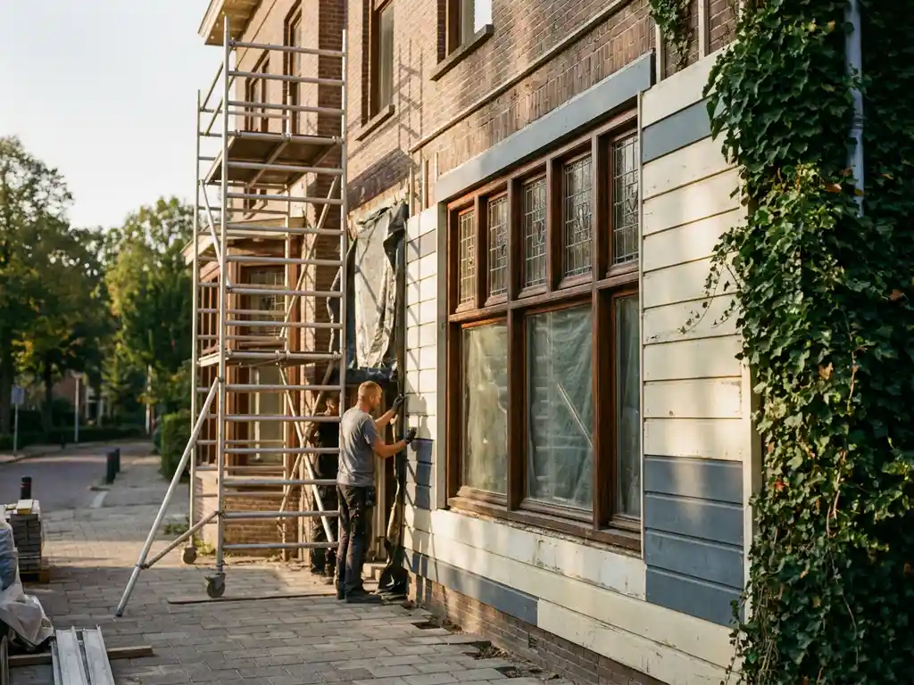 Klassiek Nederlands hotelgevel in renovatie, origineel baksteenmetselwerk en erfgoedkozijnen bewaard naast moderne bekleding, klimop intact.