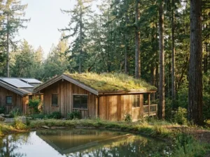 Duurzame vakantiehuisje met groendak van mos en wilde bloemen, gevelbekleding van gerecycled hout, omgeven door hoge inheemse bomen en een natuurlijke vijver.