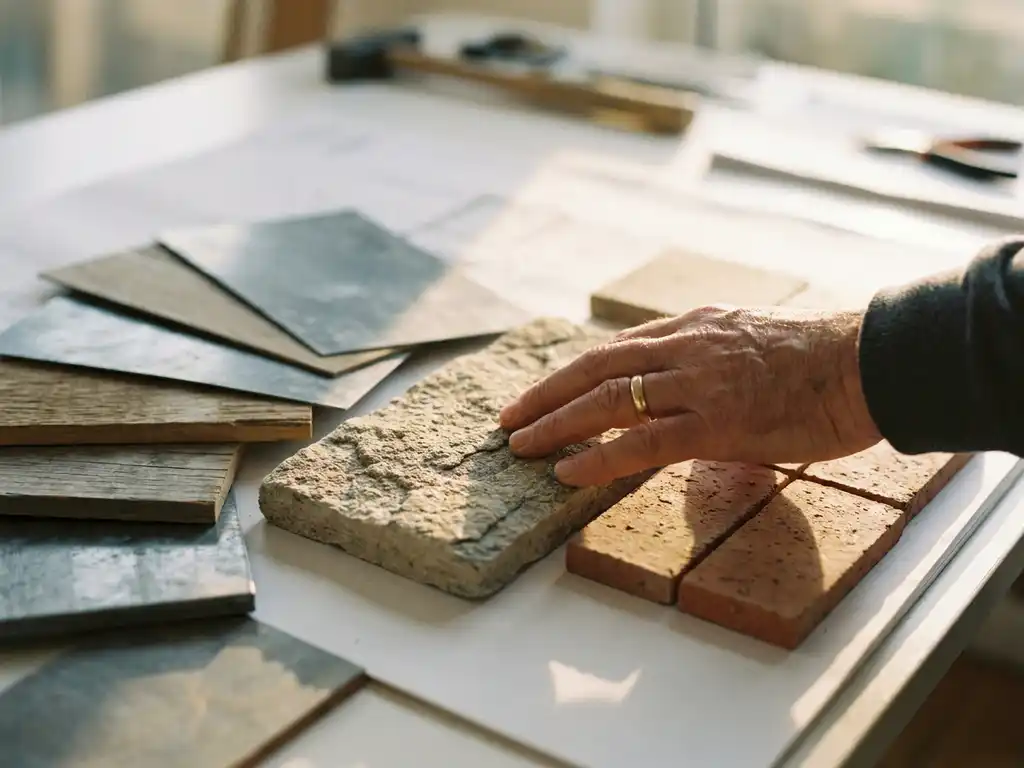 Architectenhand op stenen gevelbekleding, omringd door materiaalstalen van hout, zink en baksteen op een witte tekentafel.