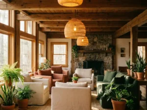 Gerenoveerd lodgeinterieur met houten balkenplafond, stenen open haard en linnen zitbanken in terracotta en bosgroen.
