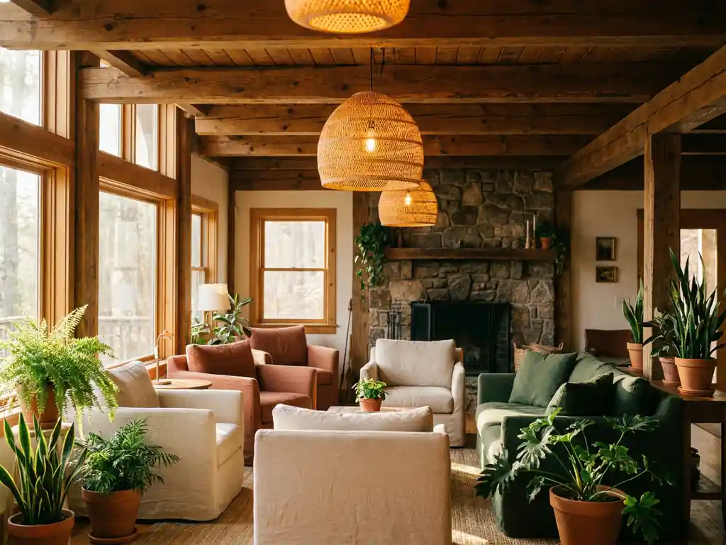 Gerenoveerd lodgeinterieur met houten balkenplafond, stenen open haard en linnen zitbanken in terracotta en bosgroen.