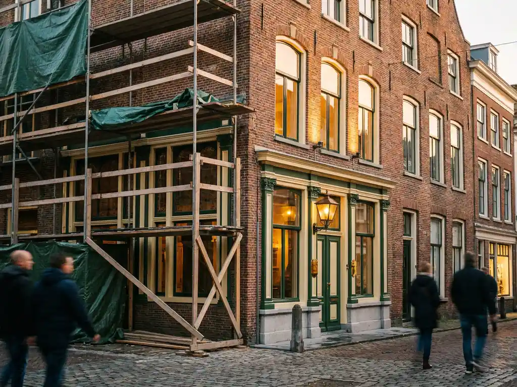Historisch Amsterdams grachtenpand in restauratie met steigers, sierlijke vensters en boutique hotel-ingang verlicht door amberkleurige lantaarns bij schemering.