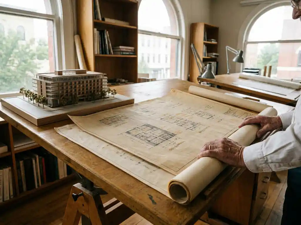 Architectenhanden die gedetailleerde hotelconstructietekeningen uitrollen op een eikenhouten tekentafel, met een schaalmodel van een modern hotel ernaast.