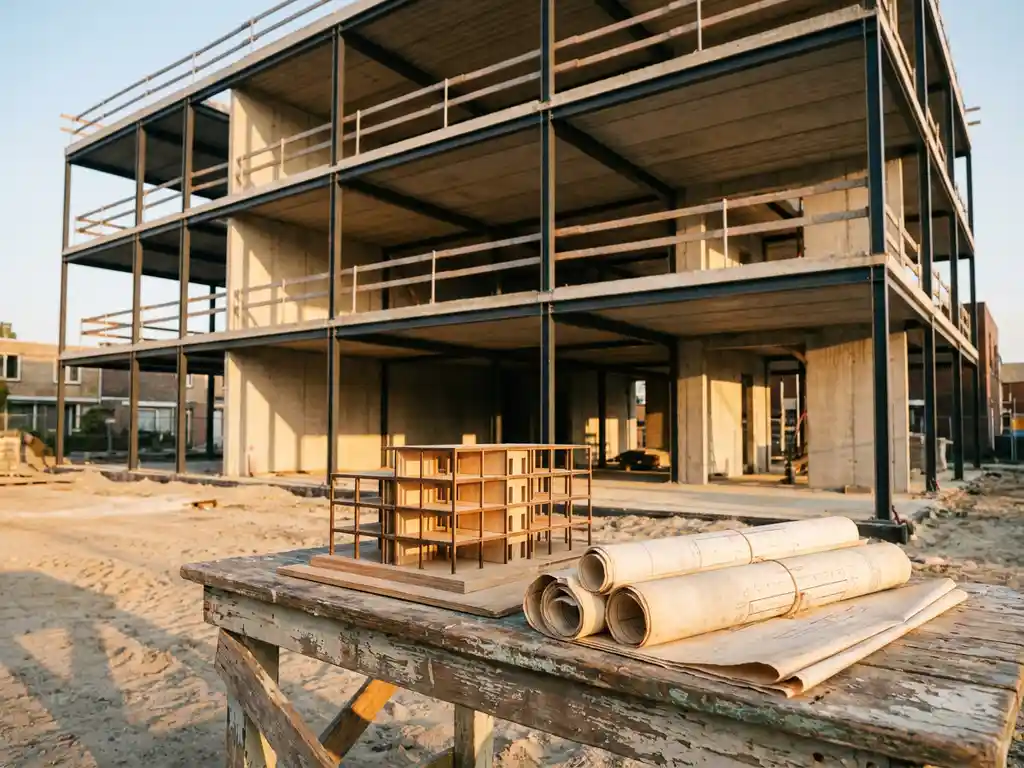 Gedeeltelijk gebouwd hotel in aanbouw met betonvloeren en staalconstructie, architectmaquette en technische tekeningen op bouwplaatstafel.