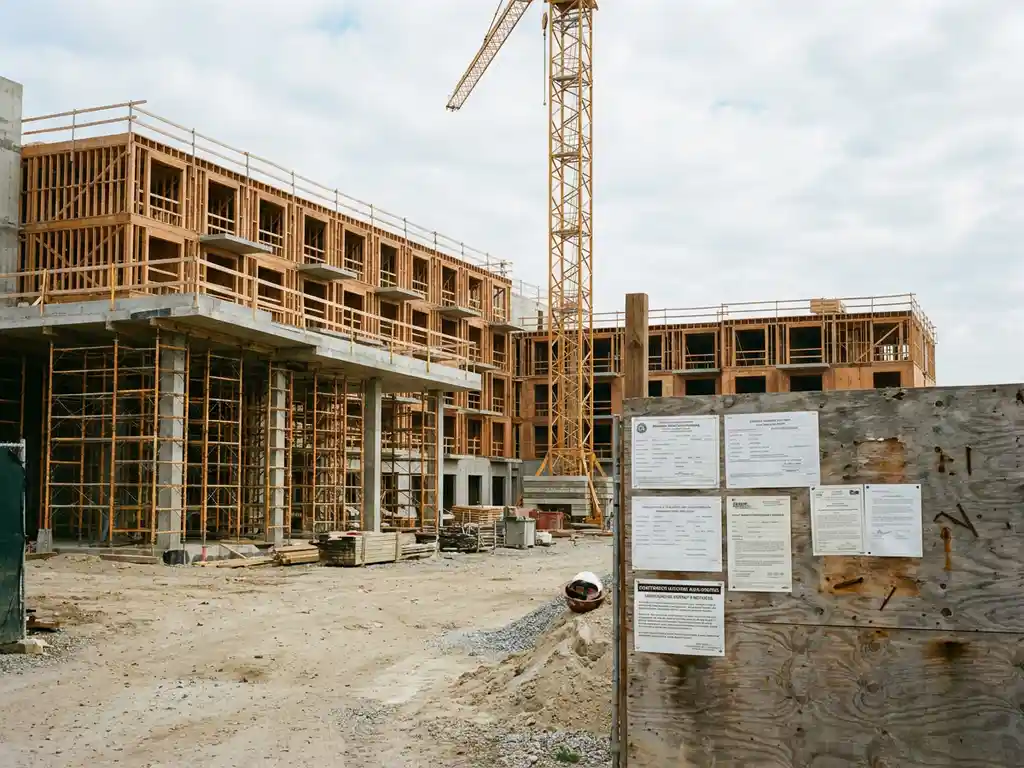 Gedeeltelijk gebouwd hotel met houten skelet en betonnen vloeren, gele torenkraan boven bewolkte lucht, vergunningsdocumenten op bouwbord voorgrond.