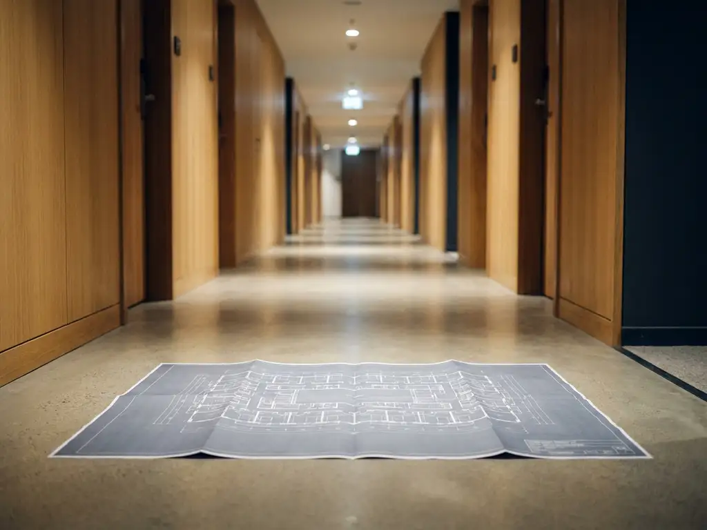 Hotelgang met houten wandpanelen en gelijkmatig gespreide deuren, met een architectonische plattegrond op de betonnen vloer op de voorgrond.