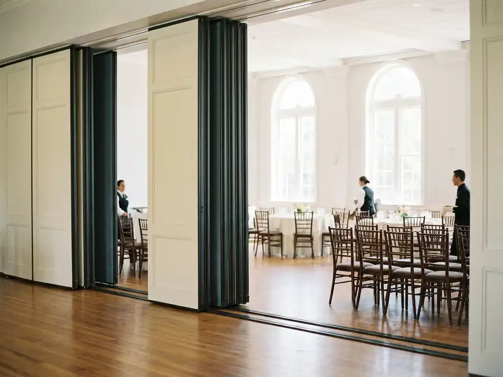 Hotelzaal in transformatie met verschuivende modulaire scheidingswanden, stapelstoelen en warm eiken vloer in natuurlijk daglicht.