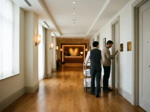Hotelgang met warme eikenhouten vloer, receptie op de achtergrond, medewerker met linnengoed en gast bij kamerdeur.