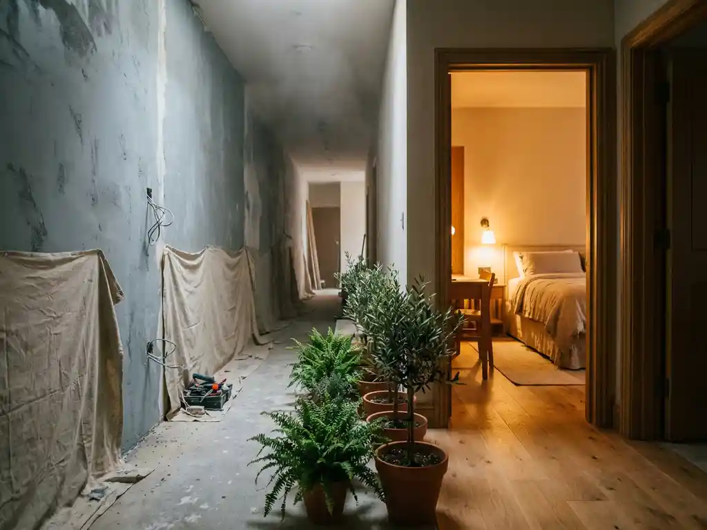 Hotelgang in renovatie met verse pleisterwanden naast een afgewerkte hotelkamer, rij potplanten langs de vloer, warm gouden licht.