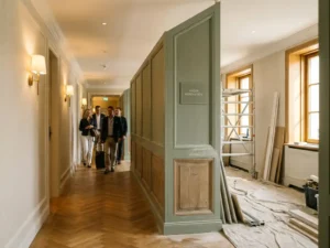 Hotelgang in renovatie met afgewerkte herringbone eiken vloer, gasten in warme linnen omgeving, gouden middaglicht door hoge ramen.