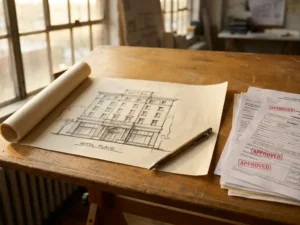 Opgerolde hotelgevel schets op eikenhouten tekentafel met mechanisch potlood en goedgekeurde vergunningsdocumenten in warm middaglicht.