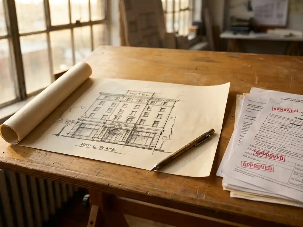 Opgerolde hotelgevel schets op eikenhouten tekentafel met mechanisch potlood en goedgekeurde vergunningsdocumenten in warm middaglicht.