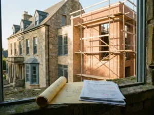 Historisch hotelgebouw met bakstenen uitbreiding in aanbouw, bouwvergunning en blauwdruk op stenen richel, steigers op de achtergrond.
