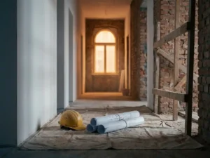 Half gerenoveerde hotelgang met vers pleisterwerk, bakstenen muur, bouwsteiger, blauwdrukken en helm op een stofzeil, warm licht door een boogvenster.